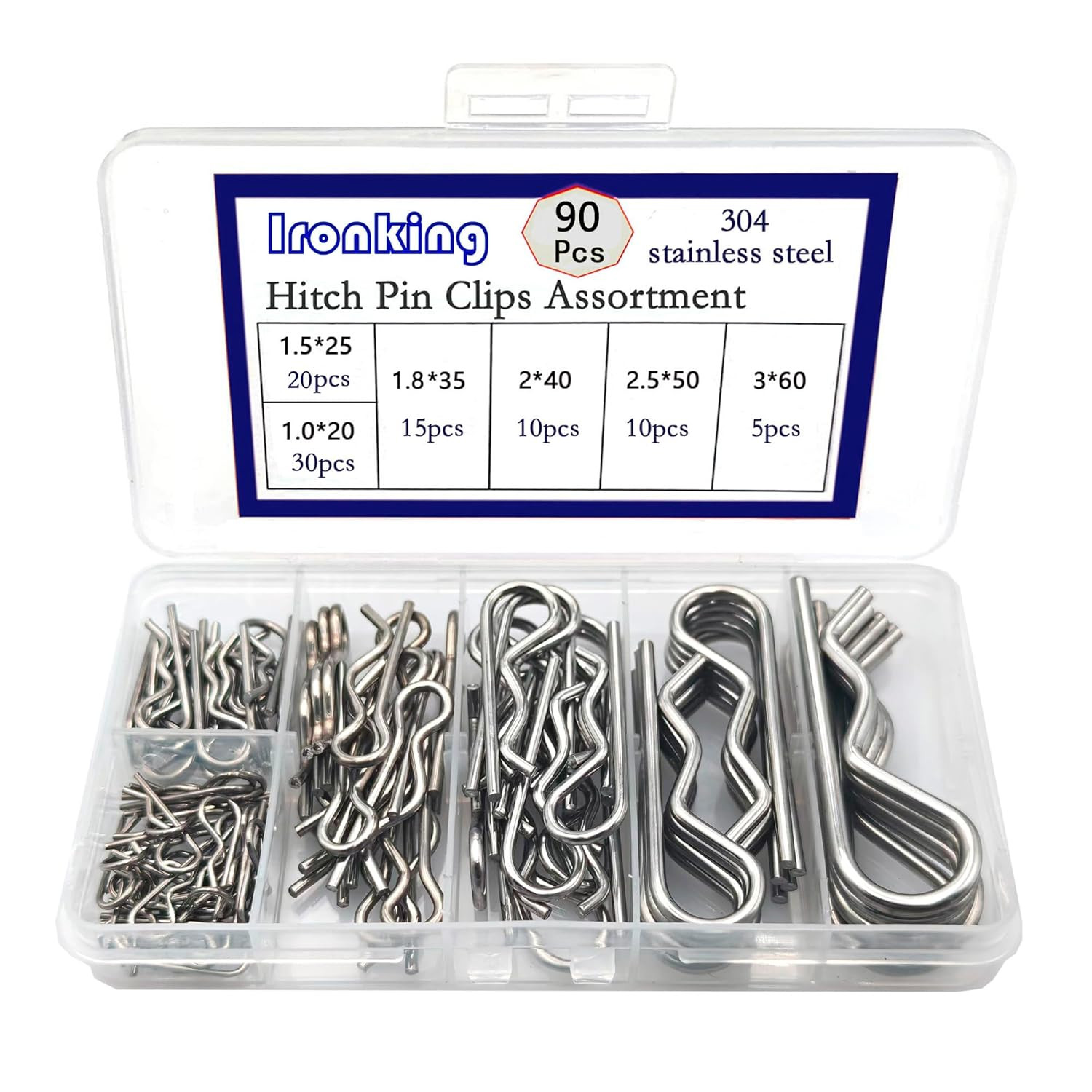 Ironking 90 Pcs 6 Sizes Stainless Steel Hitch Pin Clip R Clips Retaining Pins Tr