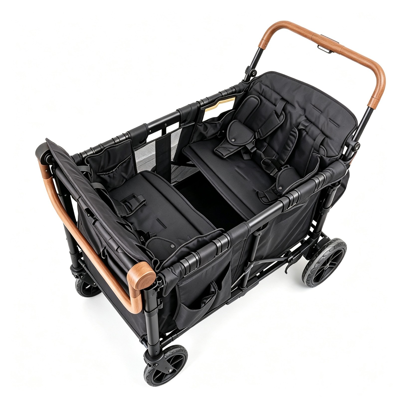 Wagon Stroller w/ Canopy, 4 seater Push Pull Quad Collapsible Stroller Black
