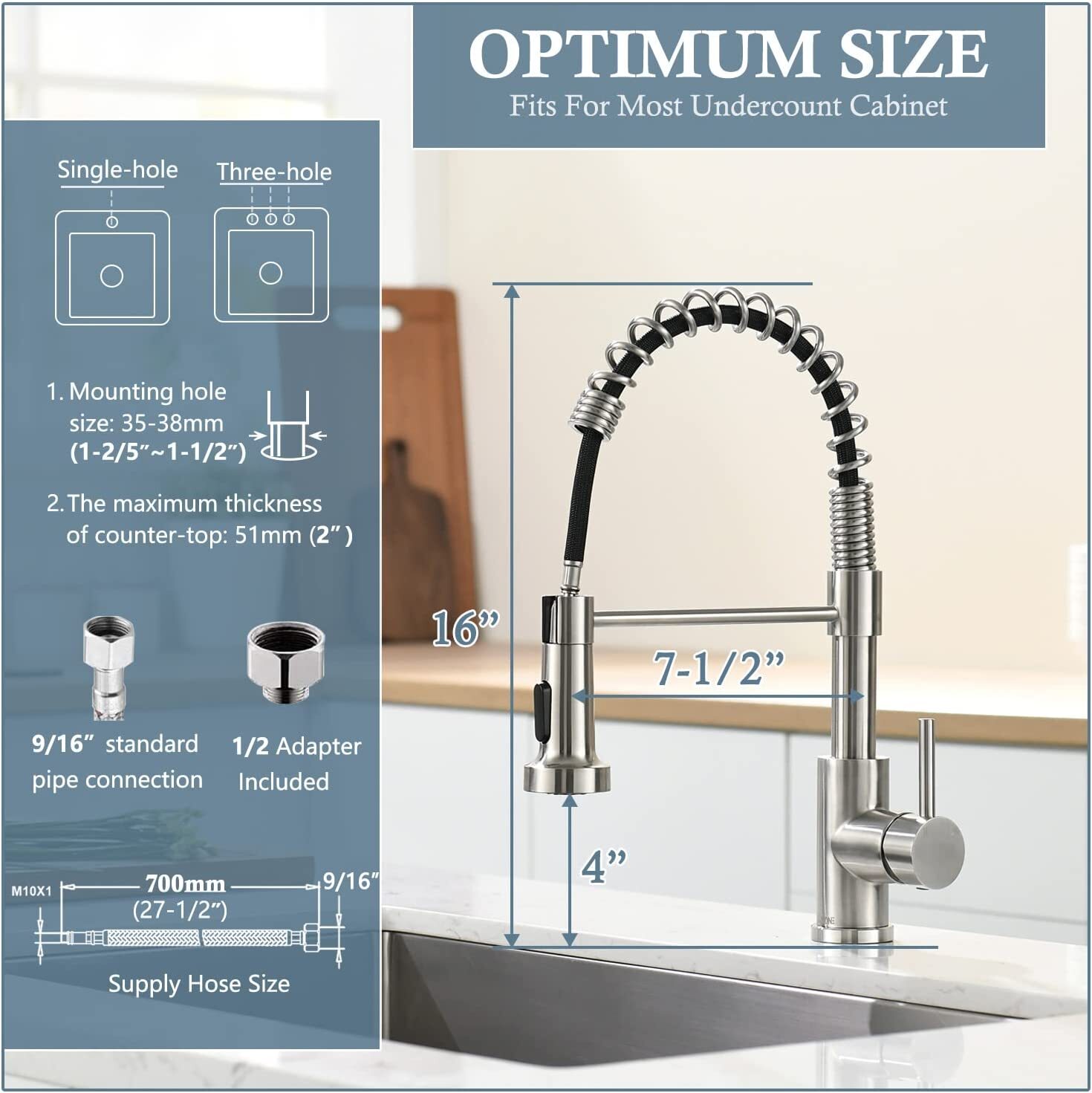 Comercial Spring Brushed Nickel Kitchen Faucet with Sprayer Pull Down Sink Mixer