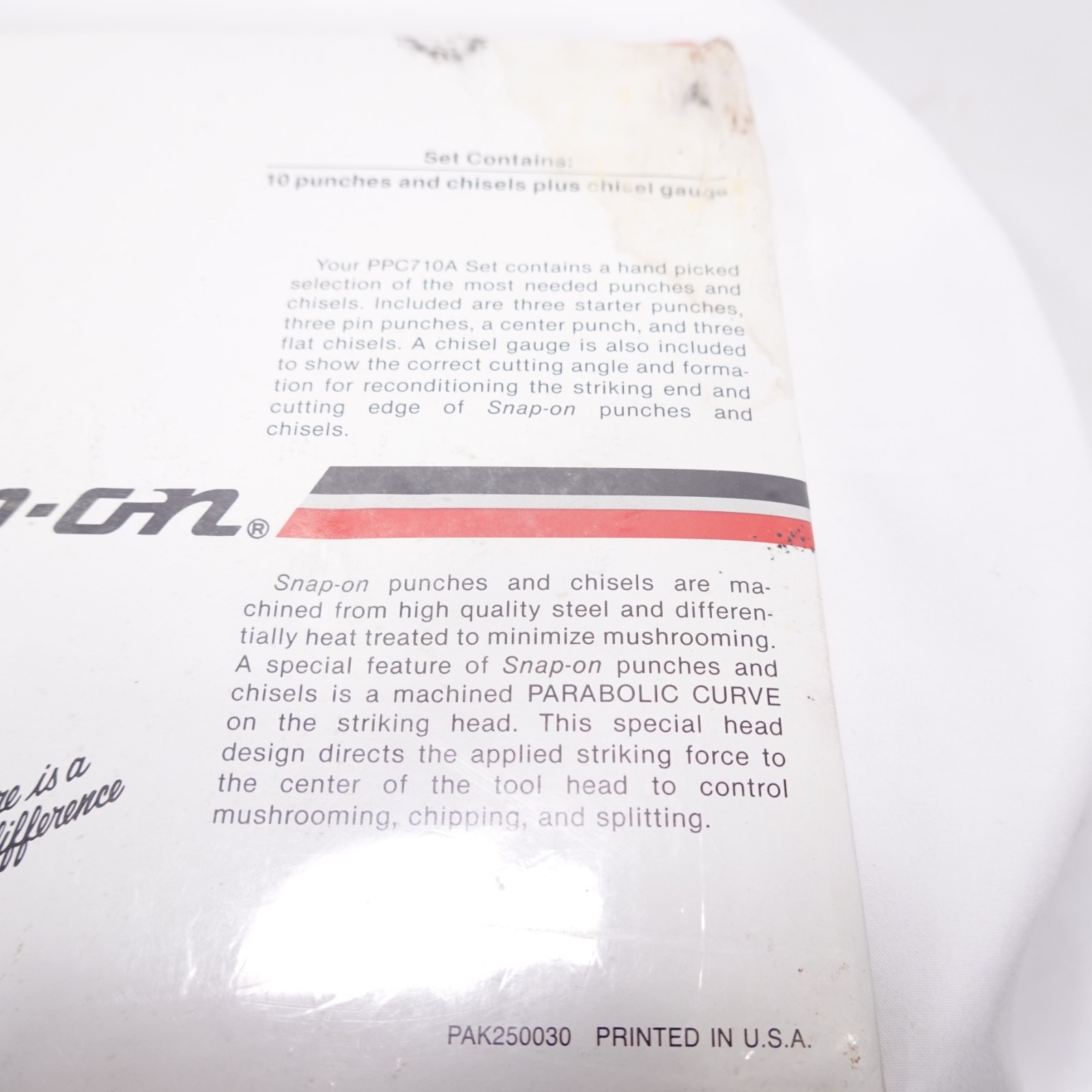Snap On New 10 pc Punch and Chisel Set w/Chisel Gauge #PPC710A