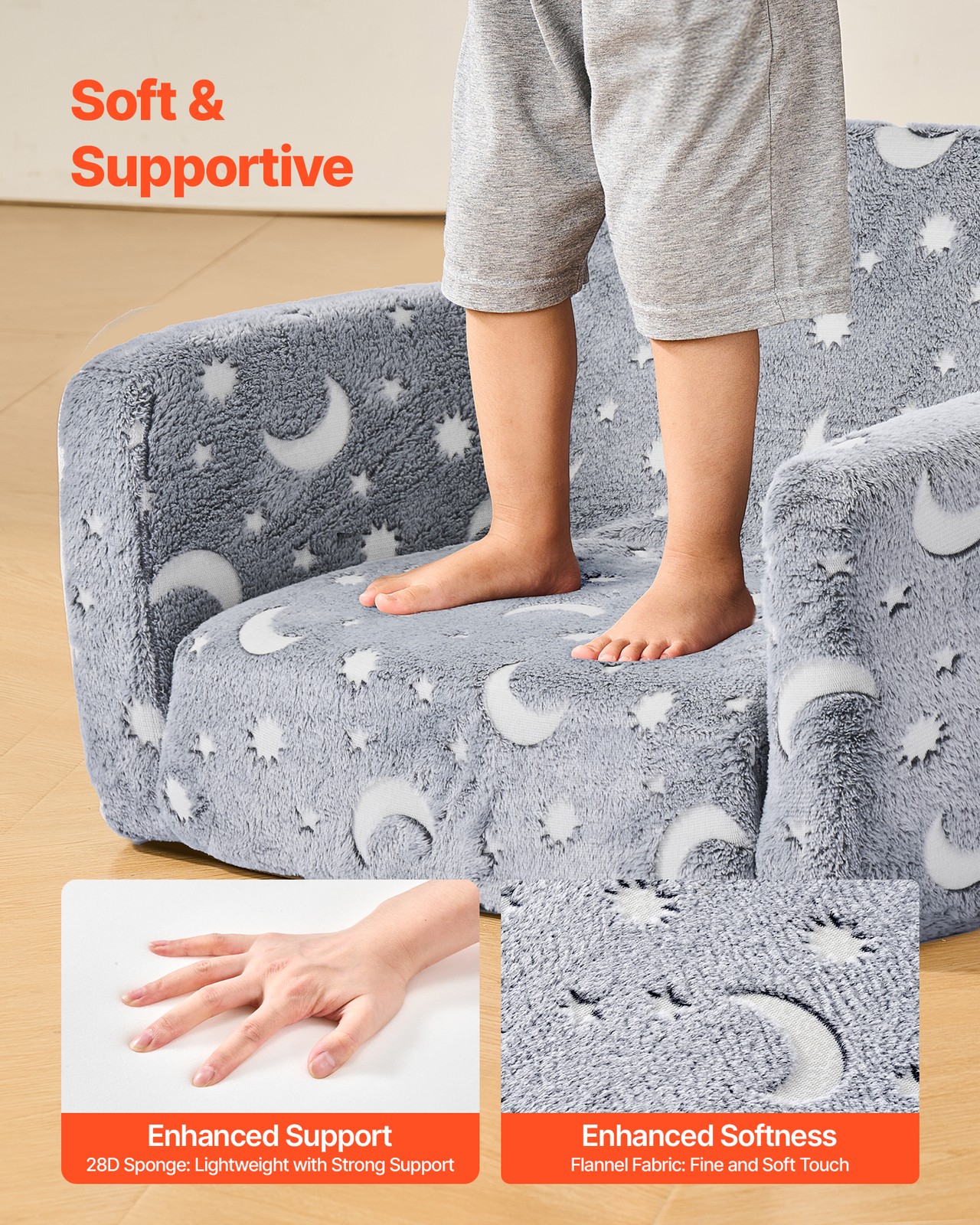 VEVOR 2-in-1 Kid Sofa Foldable Toddler Couch w/ Armrests Glow in the Dark M Gray