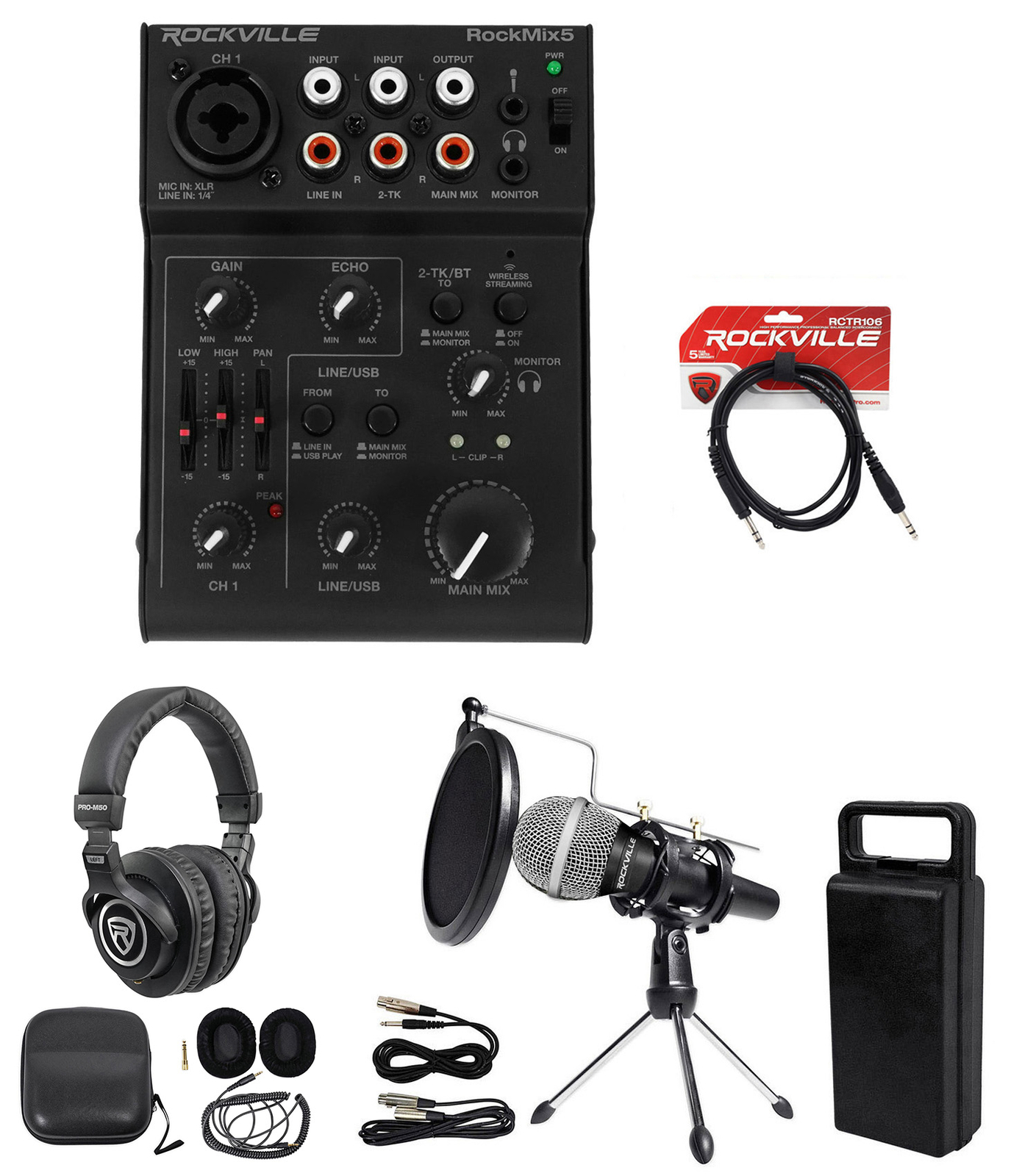 Rockville 1-Person Podcast Podcasting Recording Kit w/Mic+Stand+Headphones