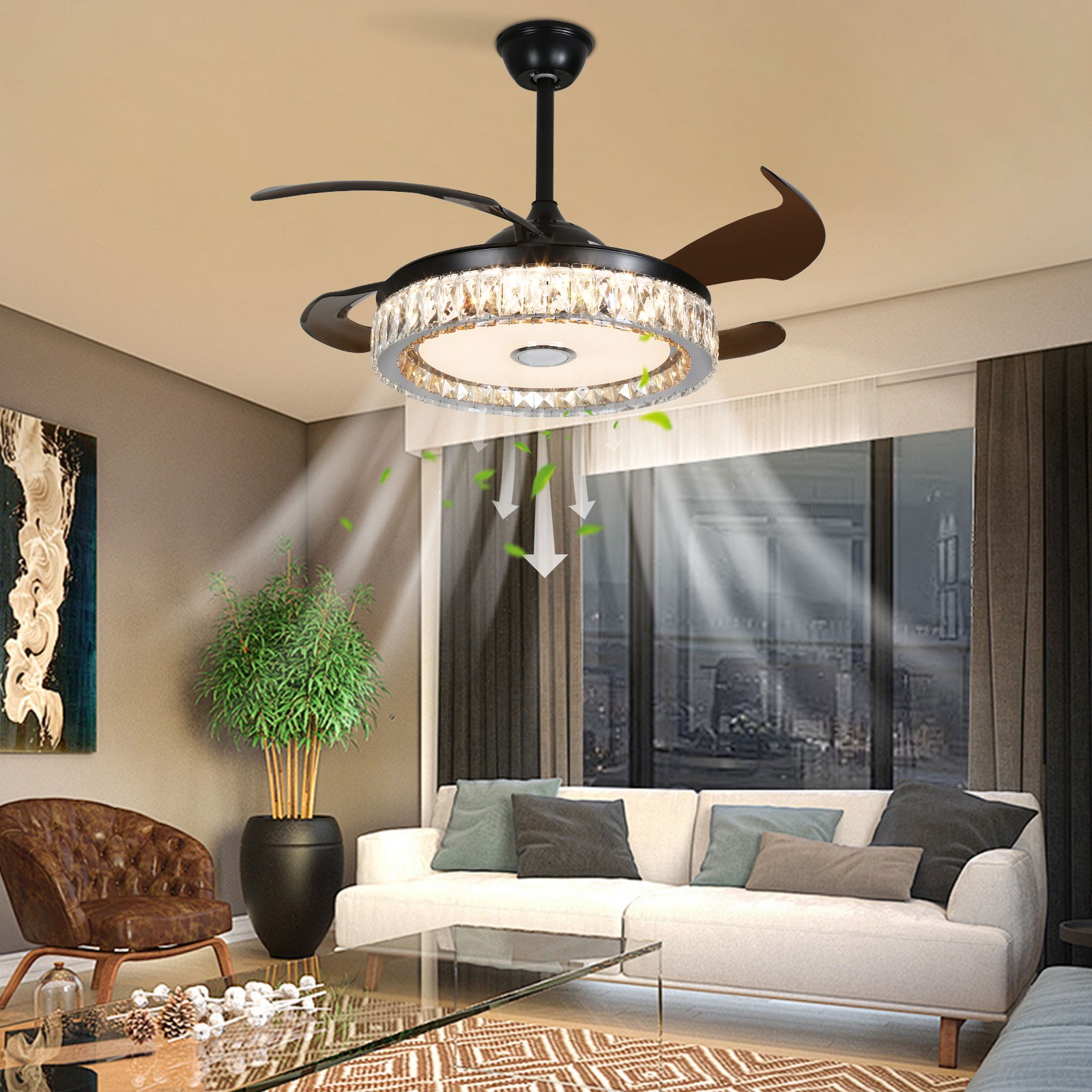 Ceiling Fan With Led Light 42 Inch Remote Control Retractable Black Crystal