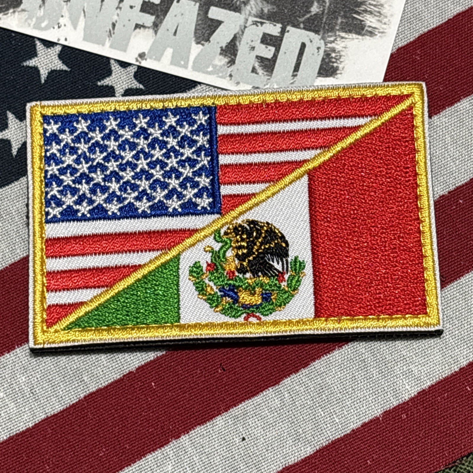 American Mexican Split Flag Patch Hook & loop High Quality 2x3”