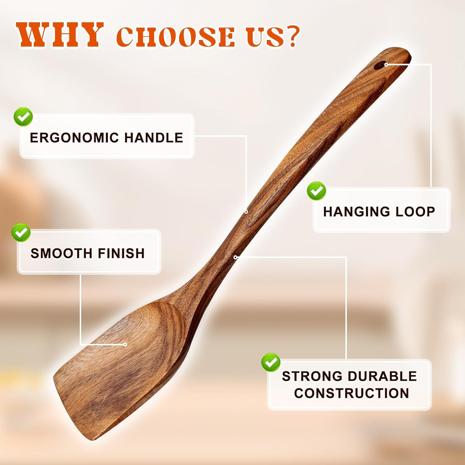 2Pcs Wooden Spatula, Acacia Solid & Slotted Turner Spatula Set, Long Handle Flat