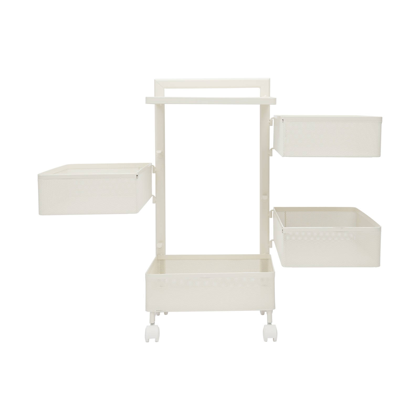ROTATING STORAGE CART KITCHEN ORGANIZER WITH WHEELS & 4 STORAGE BASKETS, WHITE