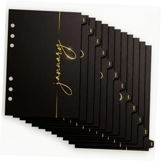 A5 Monthly Binder Dividers with Tabs (Jan–Dec), 12-Count 6-Hole Divider Black