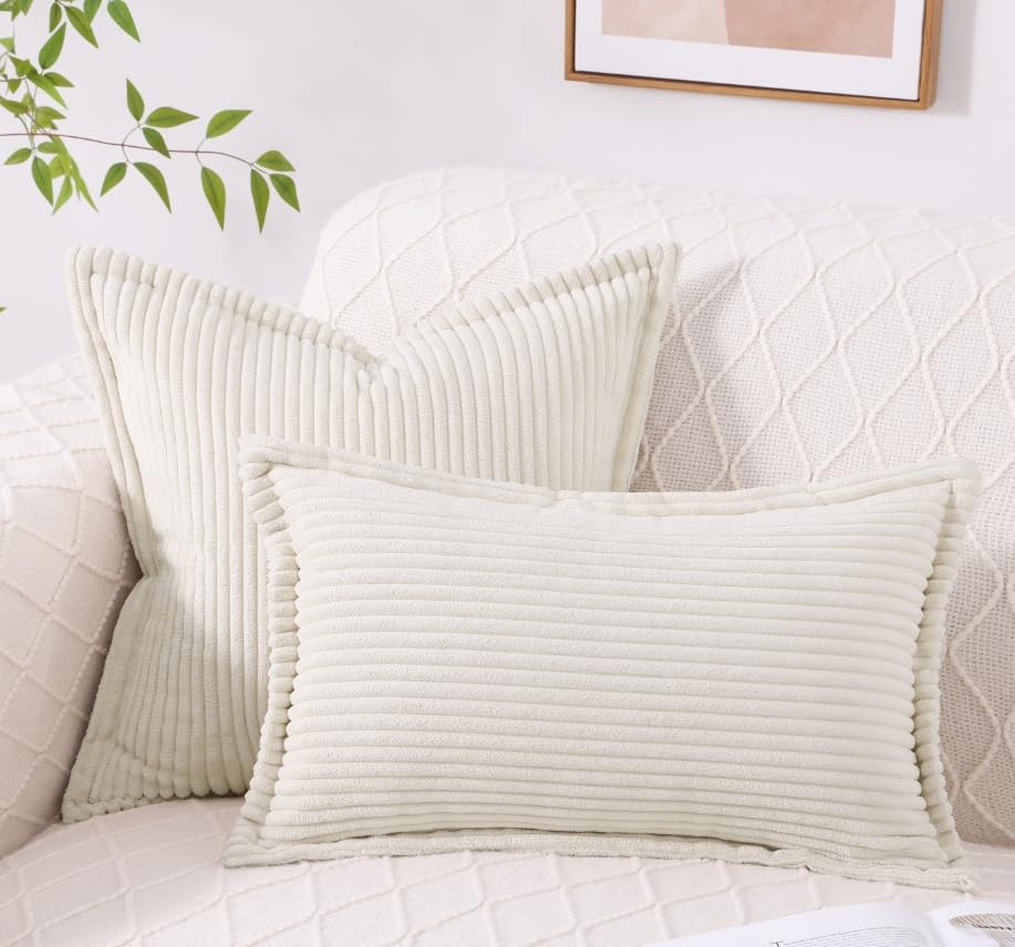 Corduroy Pillow Covers 20x20 Inch Set of 2, Striped Decorative Square Spring