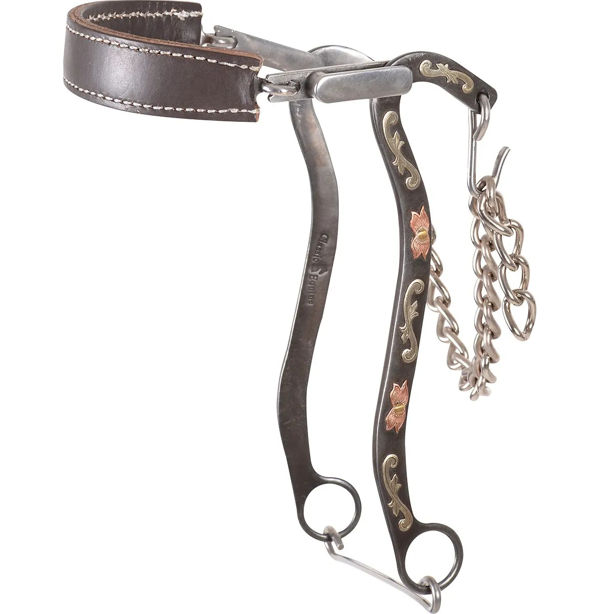 Classic Equine Hackamore with Chocolate Leather Noseband - Greyed Iron Cheeks &