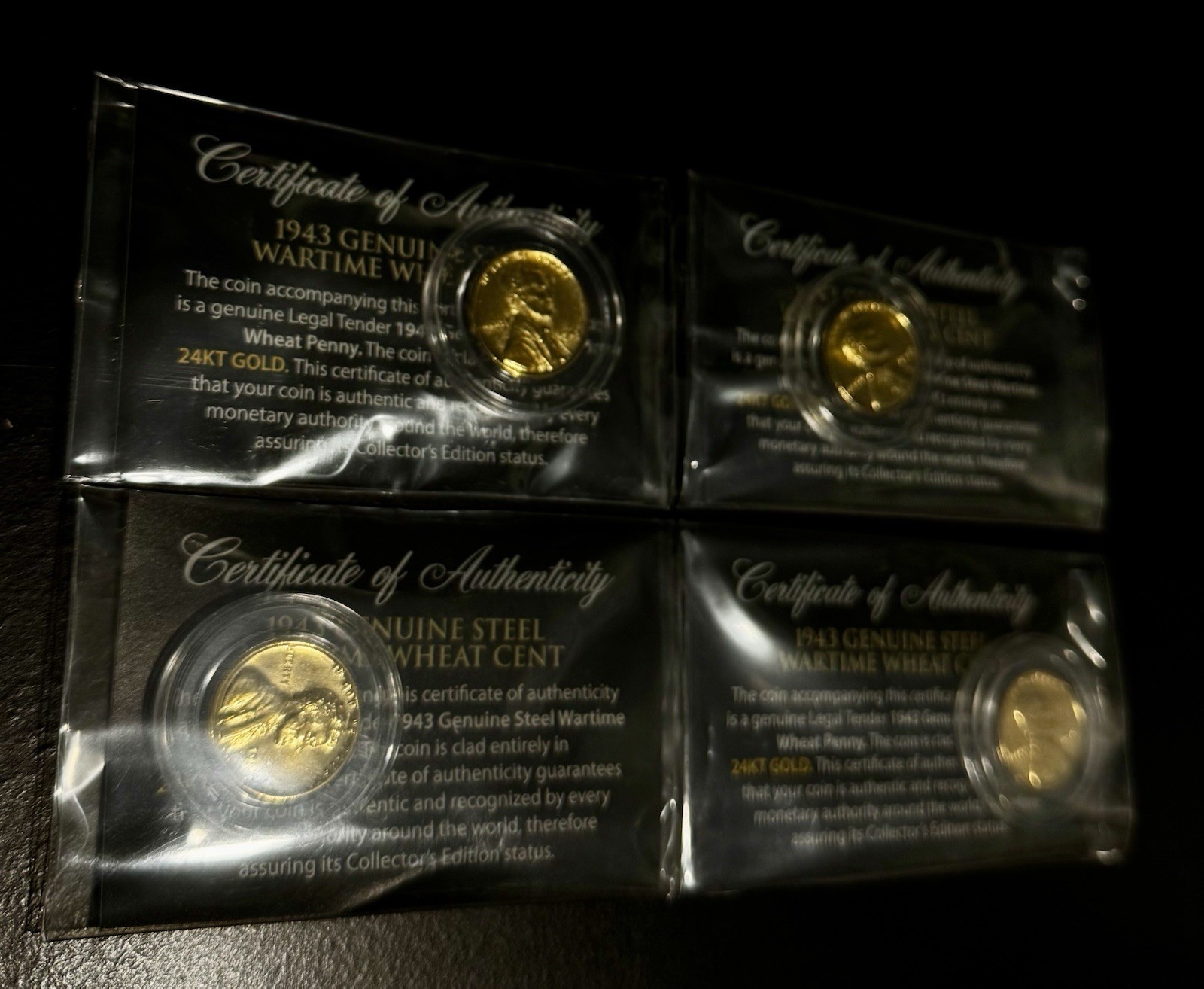 Lot Of 4 1943 Lincoln Steel Wheat Penny WW2 Coin 24k Gold Plated Sealed