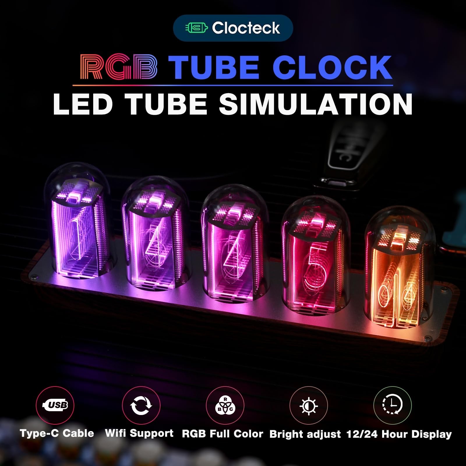 ClocTeck Nixie Tube Clock Walnut Digital Clock, Support Wi-Fi Time SYNC, Alar...