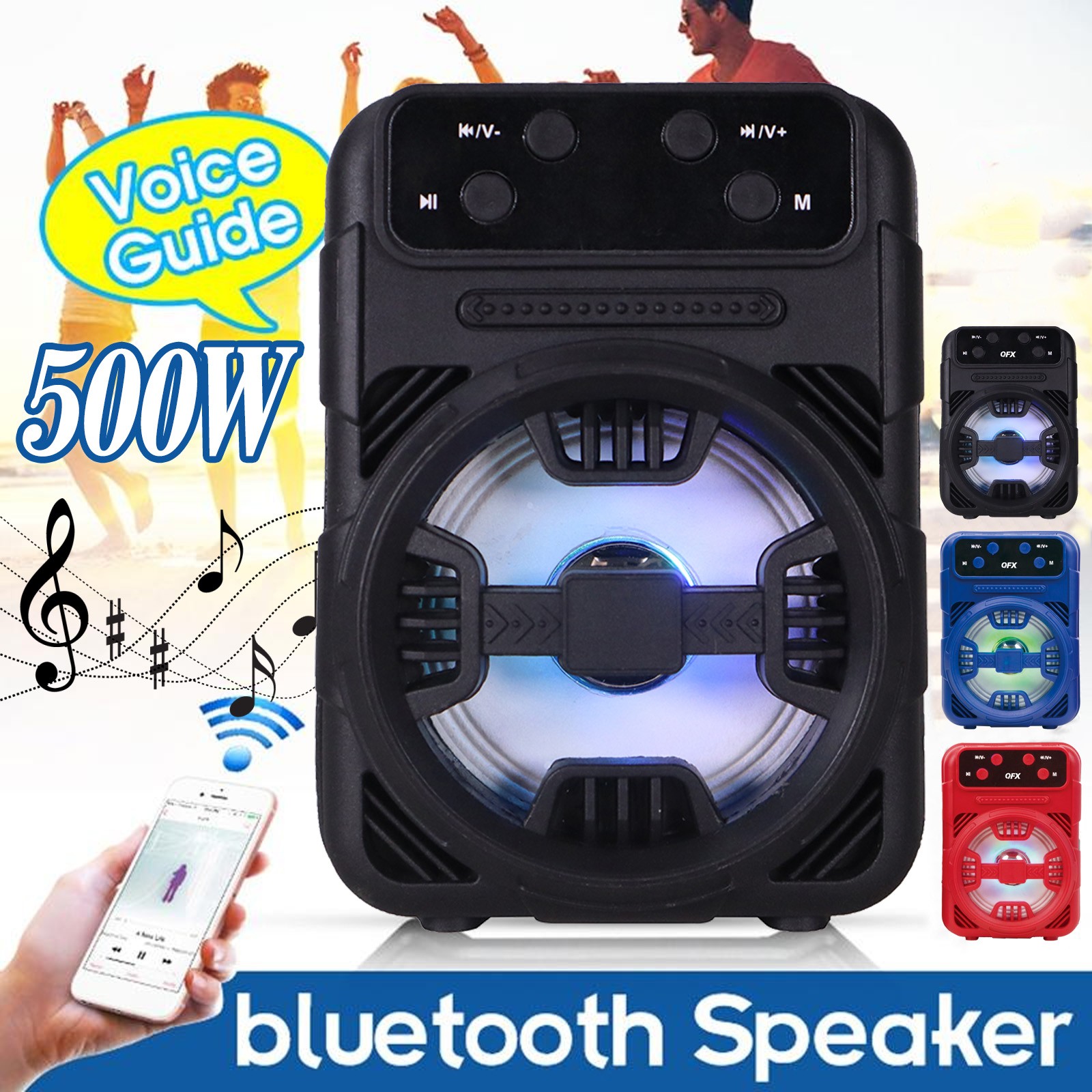 500W Portable Bluetooth Speaker Karaoke Party Sound System FM Radio LED Lights