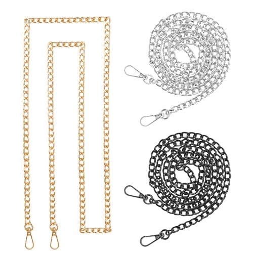 ELANE 3 PCS Purse Chain Straps,47" Purse Straps Flat Chain Black+silver+gold-s