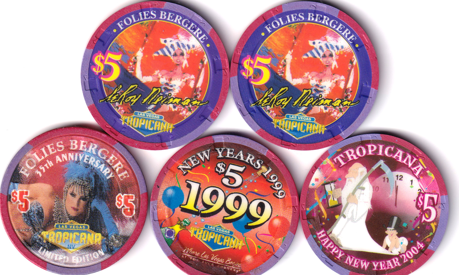 Tropicana Las Vegas $5 Chip Lot of 5 "Folies Bergere"