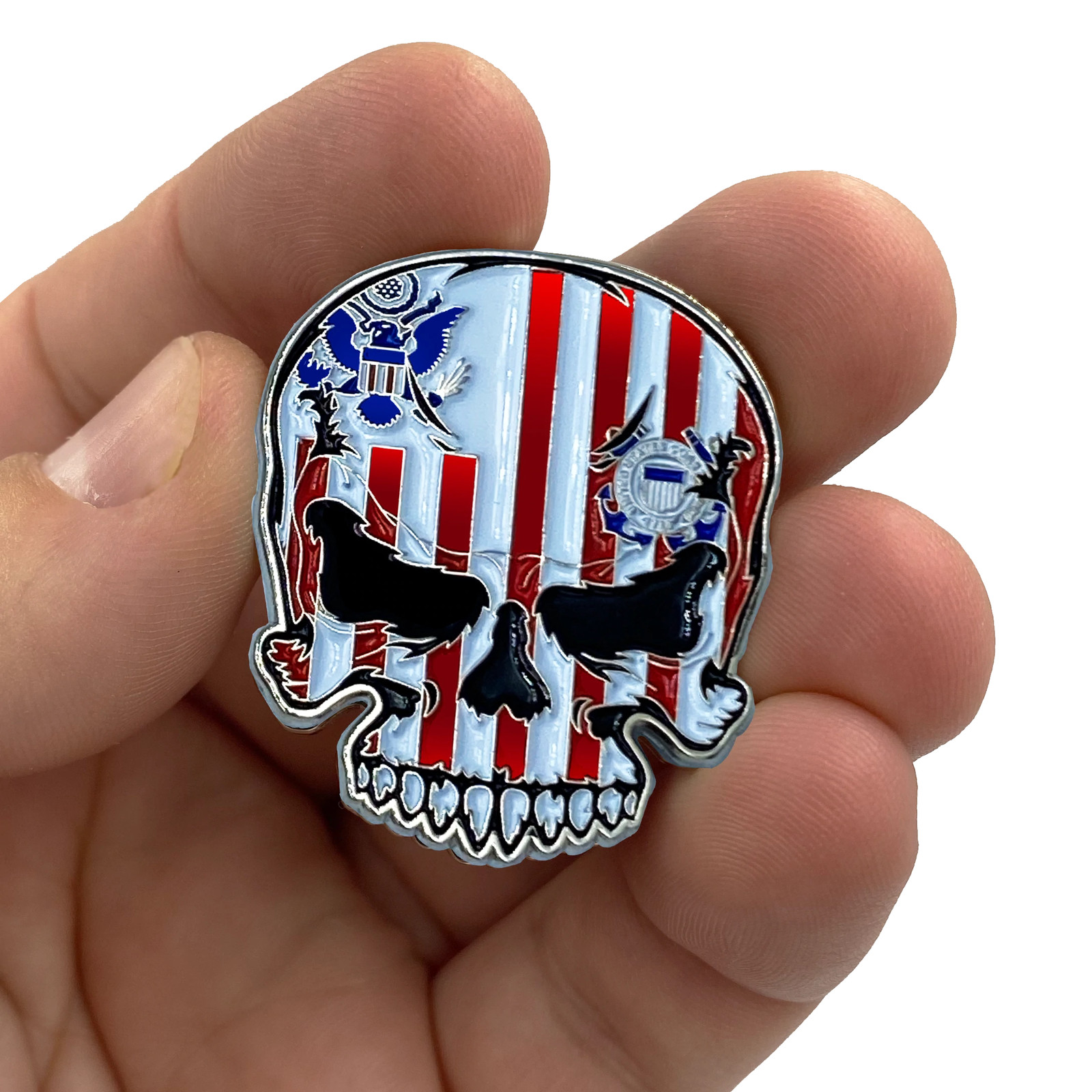 EL3-016 US Coast Guard Flag Coastie Skull Pin with dual pin posts so it won't sp