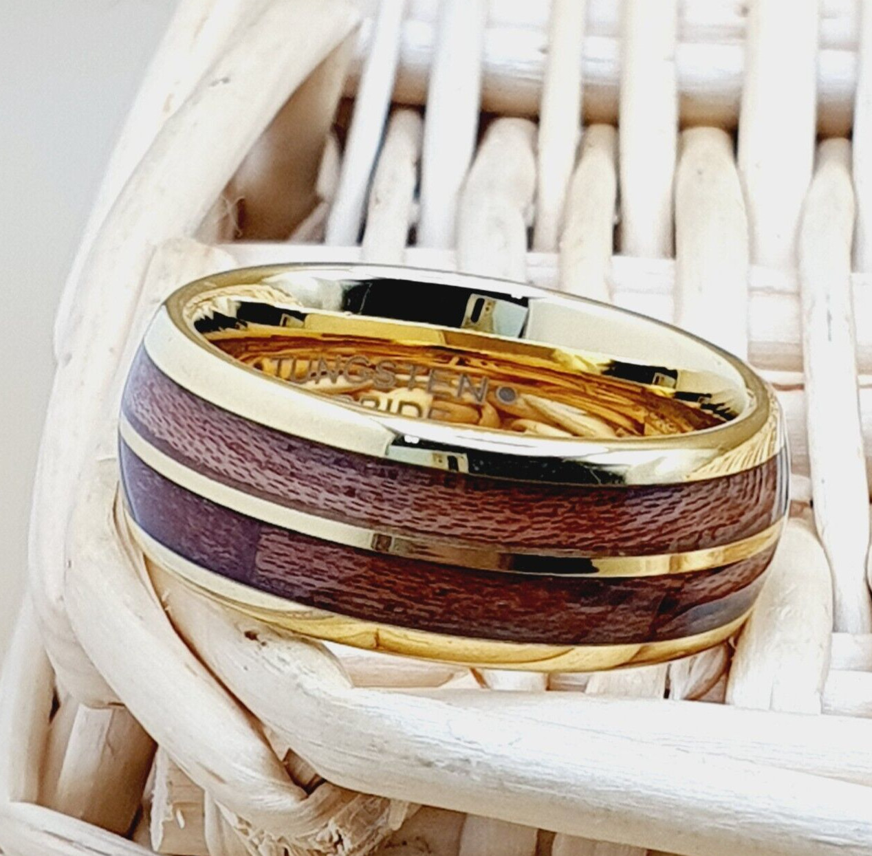 Men’s Wood Wedding Band, Koa Wood Inlay 8mm Gold Tungsten Comfort-Fit Ring