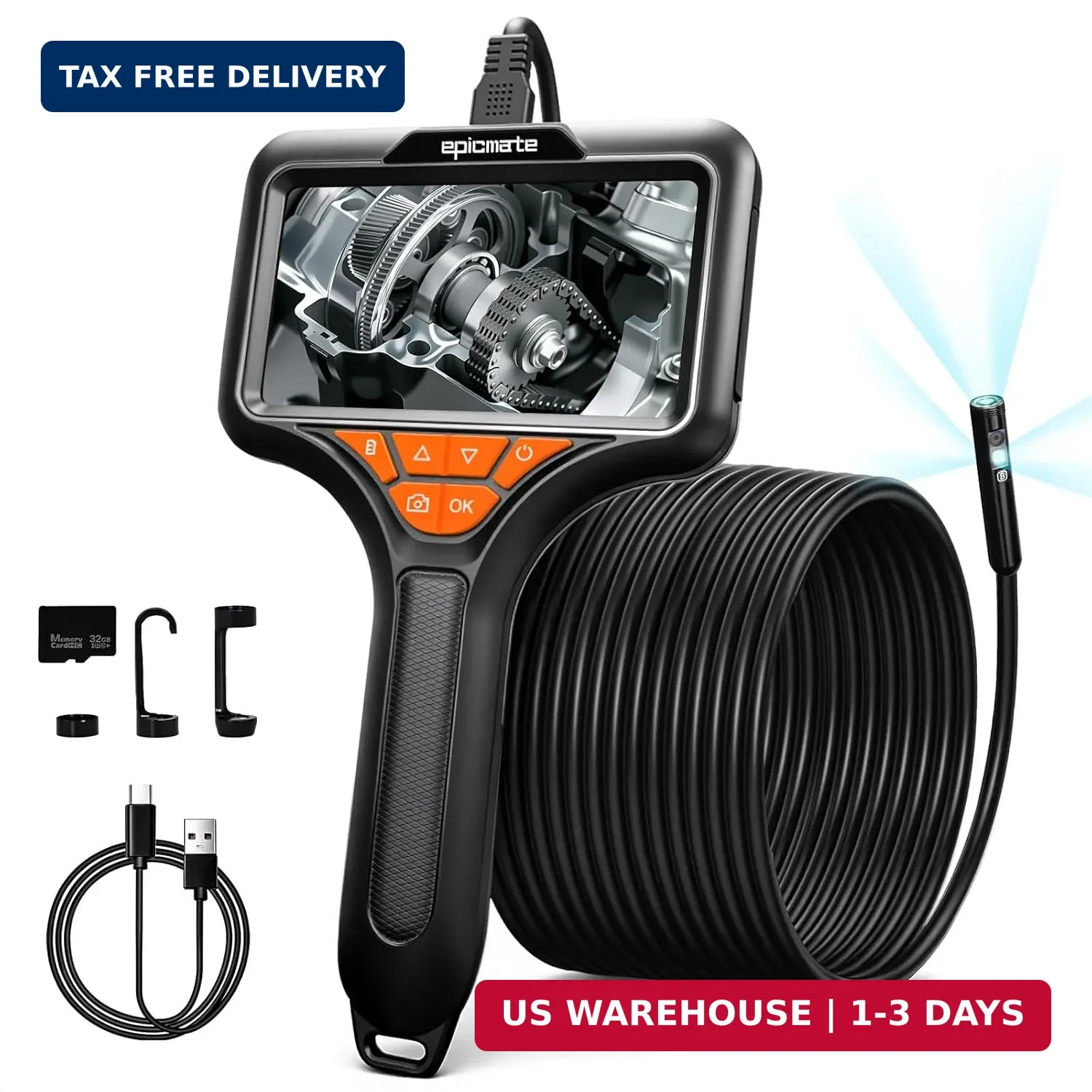 Triple Lens Endoscope Camera with Light- 5" 1080P HD Handheld Borescope with 50F