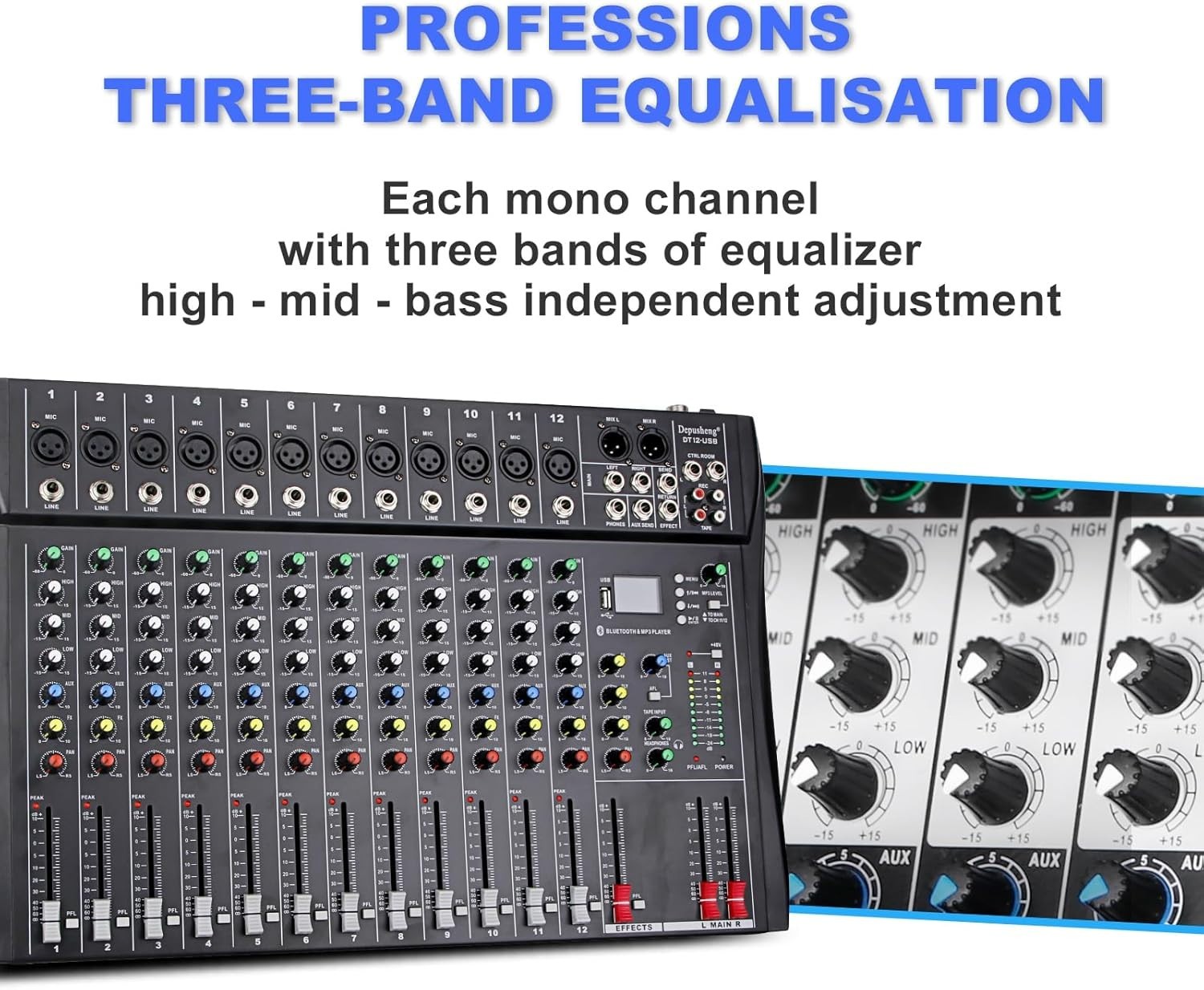 DT12 12-Channel DJ Audio Mixer with USB, Bluetooth, XLR & RCA Input
