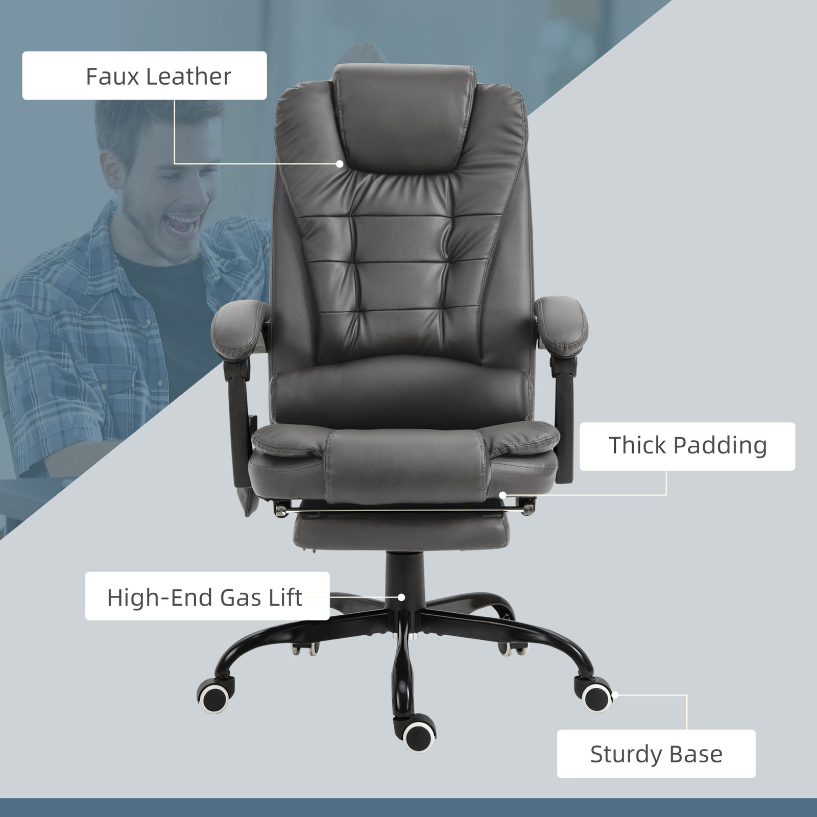 PU Leather Massage Computer Chair w/ Padded Seat and Adjustable Height, Grey