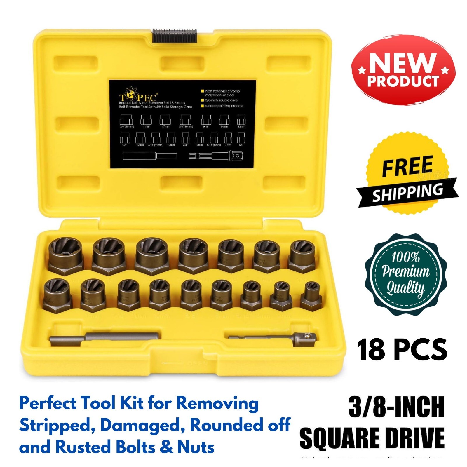 3/8" Drive Impact Extractor Set Remove Stripped/Rounded Bolt Lug Nuts Drain Plug