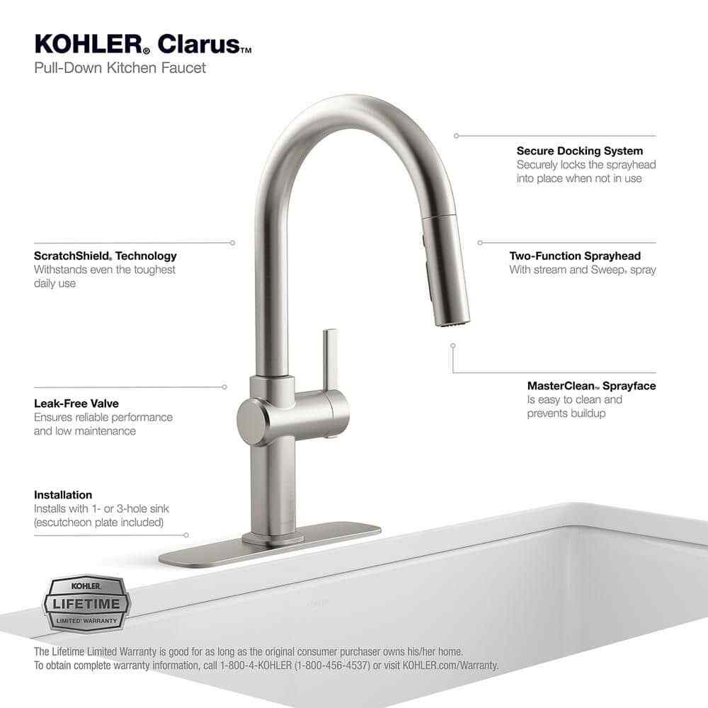 KOHLER Clarus Single Handle Pull Down Sprayer Kitchen Faucet - Vibrant Stainless