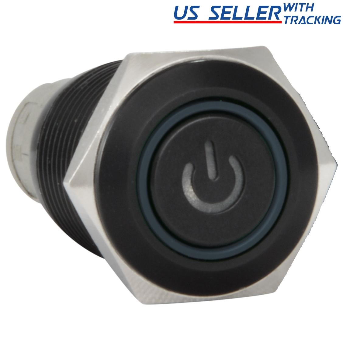 16mm Starter Switch/Boat Horn Momentary Push Button Black Metal Power Symbol LED