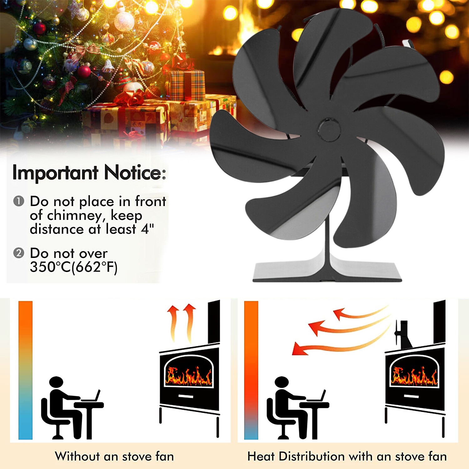7 Blade 1400rpm Fireplace Stove Fan Heat Powered Silent Wood Log Fuel Saving Eco