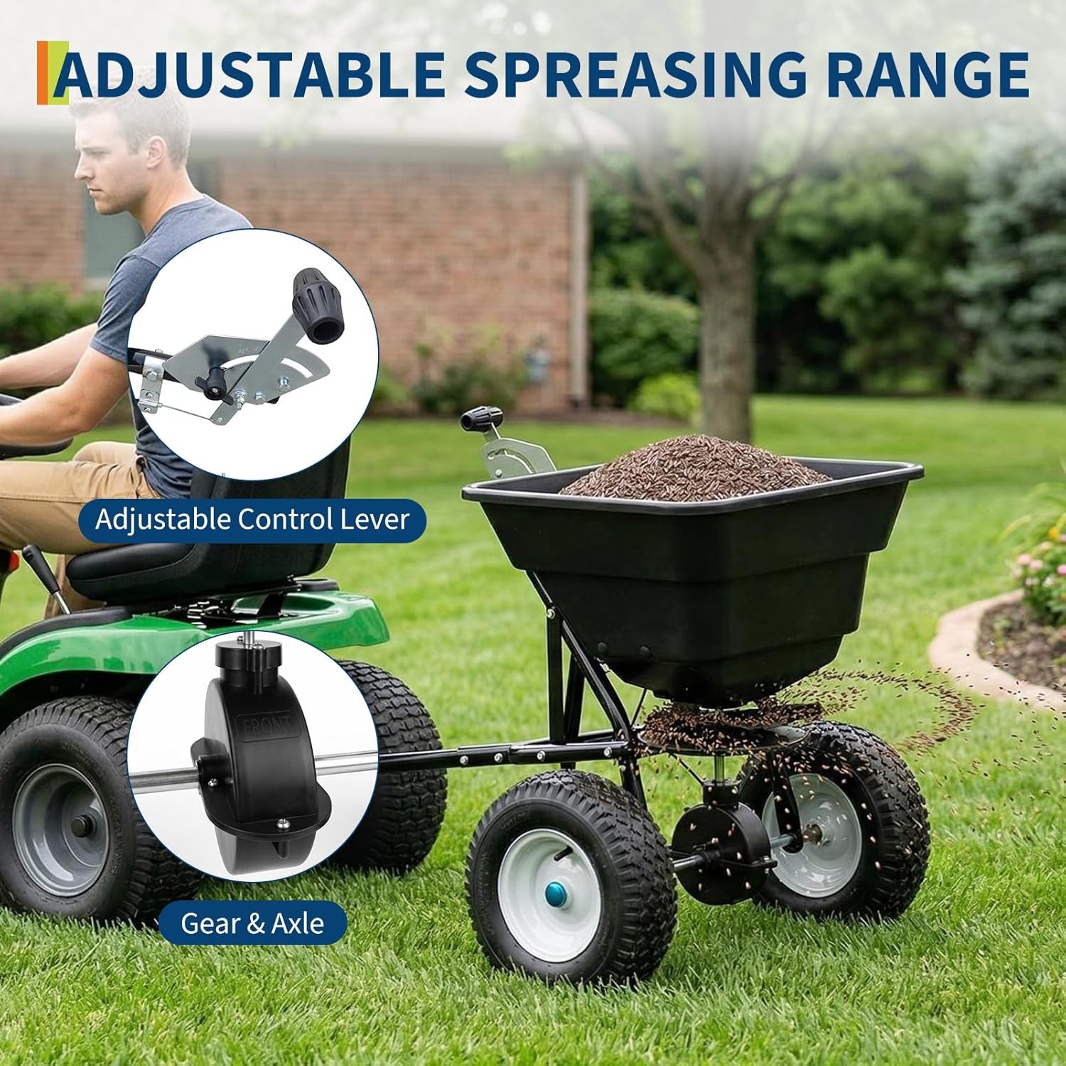 110 LBS Tow Behind Broadcast Spreader Universal Hitch Adjustable Flow Control