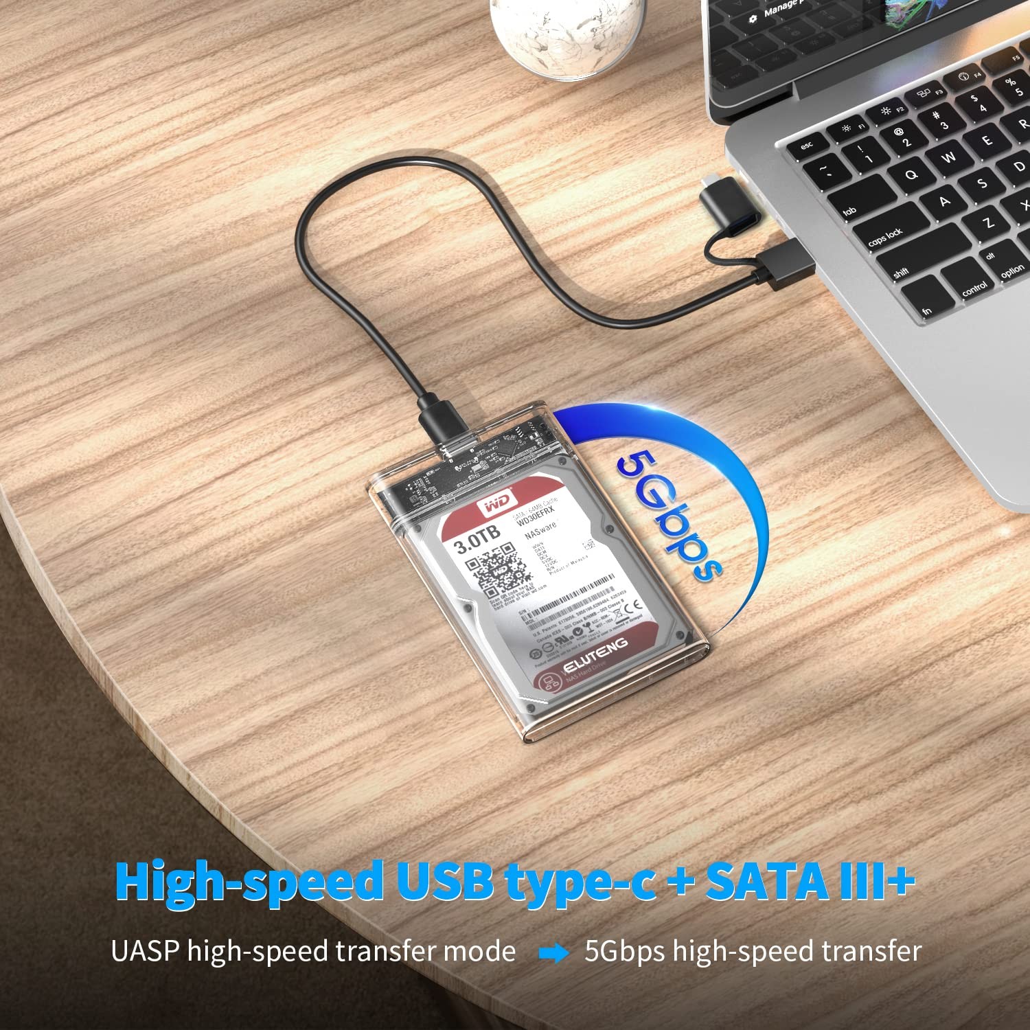 ELUTENG 2.5 SSD Enclosure 5Gbps Hard Drive SATA USB Type C Clear