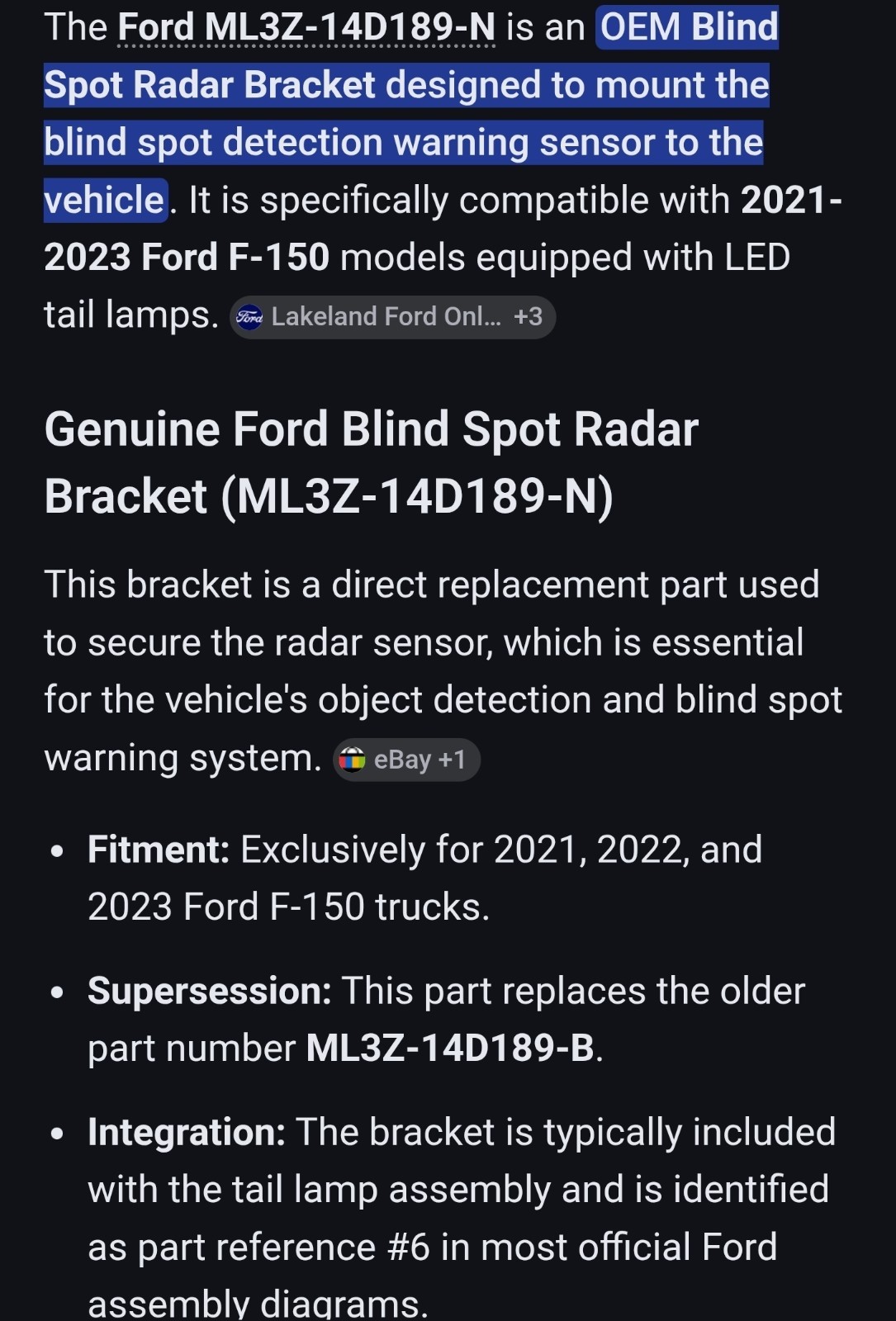 ML3Z-14D189-N blind Spot RADAR BRACKET