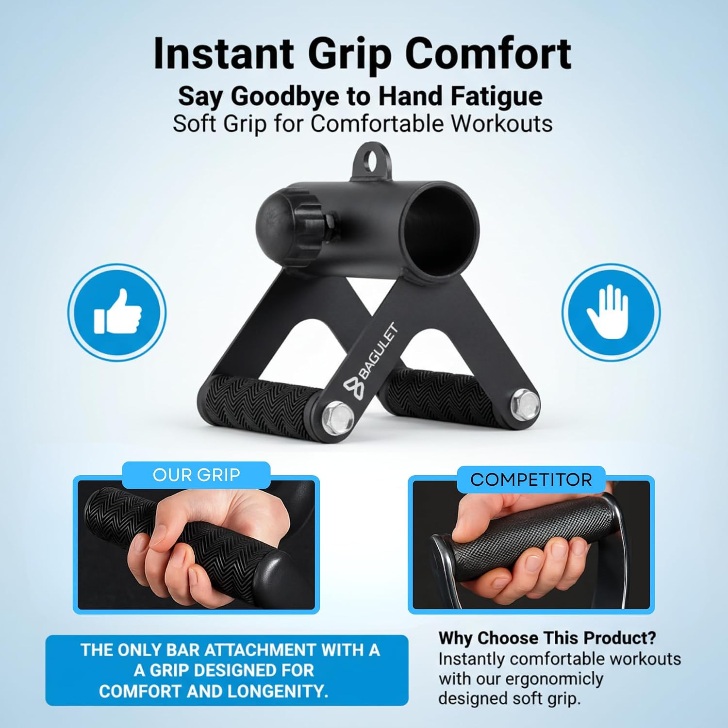 V Bar Attachment: Row Machine, LAT Pulldown, Landmine Handle, Soft Grip, Black,