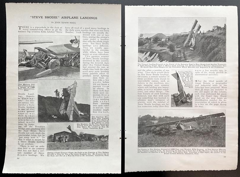 “Steve Brodie Airplane Landings” 1919 article Lucky Biplane Crashes~No Injuries