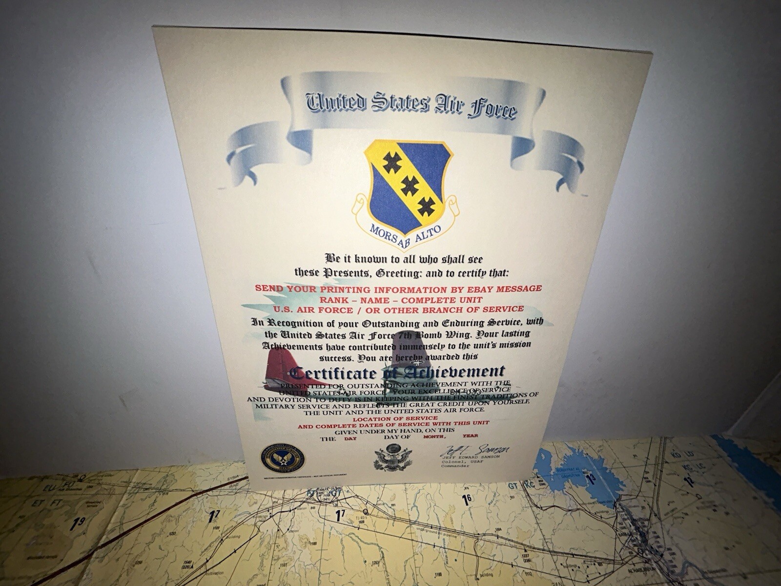 U.S.A.F. / AIR FORCE 7TH BOMB WING - CERTIFICATE OF ACHIEVEMENT