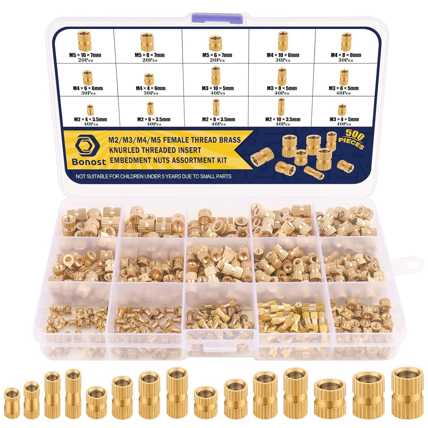 500Pcs Threaded Inserts Kit M2 M3 M4 M5 - Female Thread Heat Set Clear
