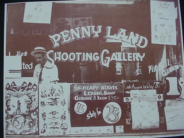 Pennyland Shooting Gallery & Tattoo Parlour Sepia Card Stock Photo 1950's