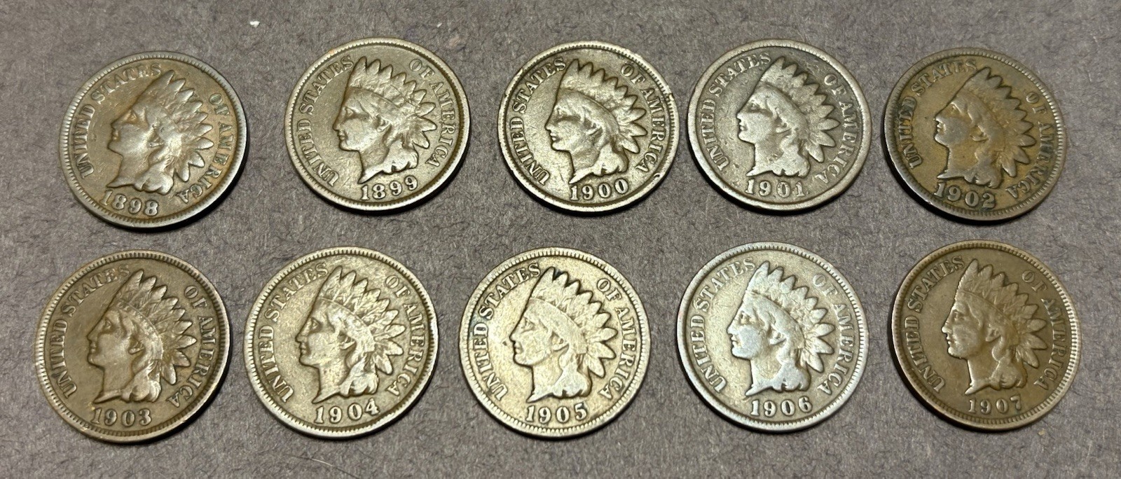 Indian Head Cents, 10 Different Dates Nice G - F