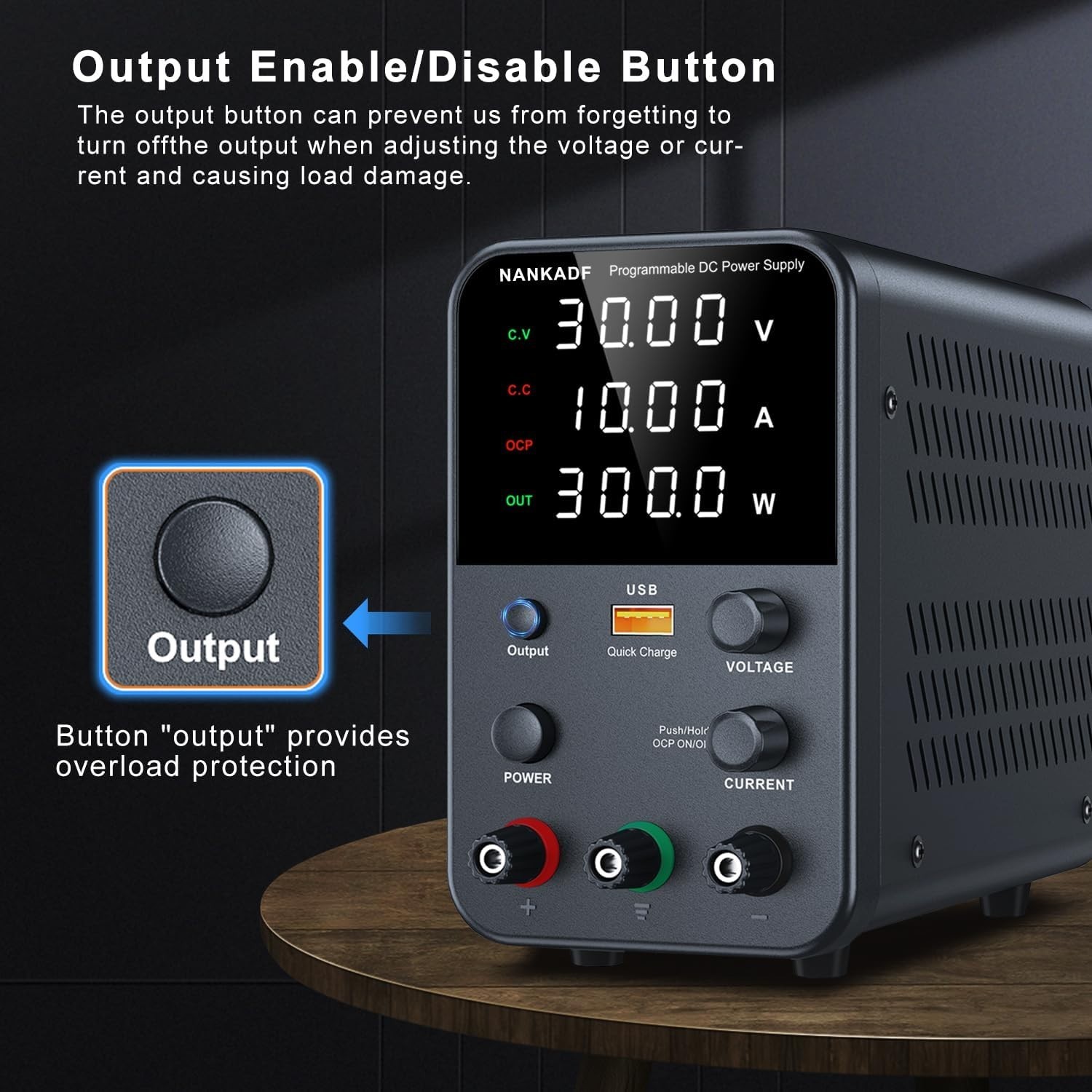 Compact Variable DC Power Supply with Encoder Knob and USB Quick Charge, 300W