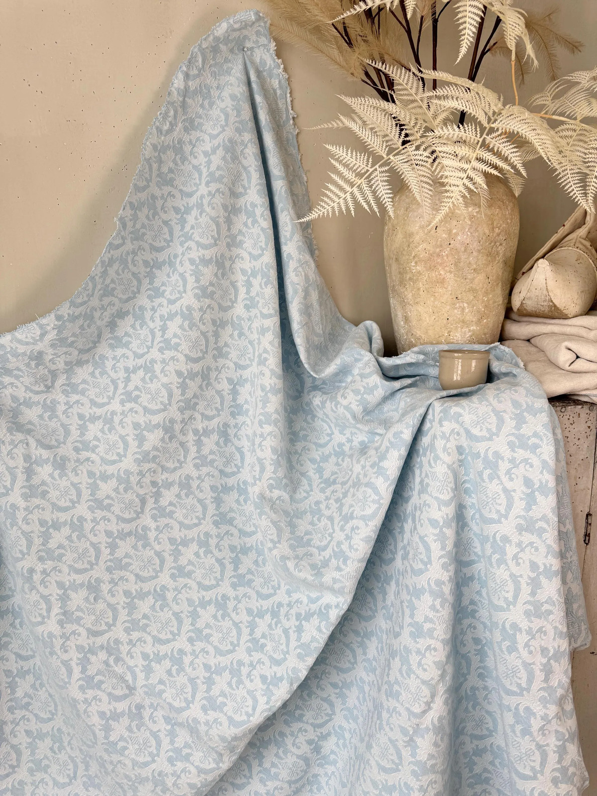 4.44 yard sky pale blue French vintage ticking fabric Coastal country shabby mo