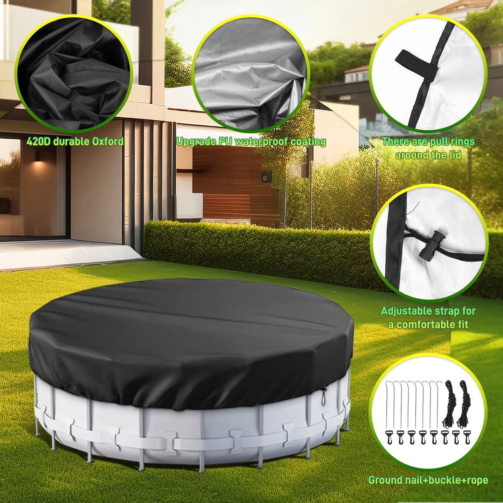 Windproof Circular Pool Cover with Accessories For Ground Pool 21Ft Diameter