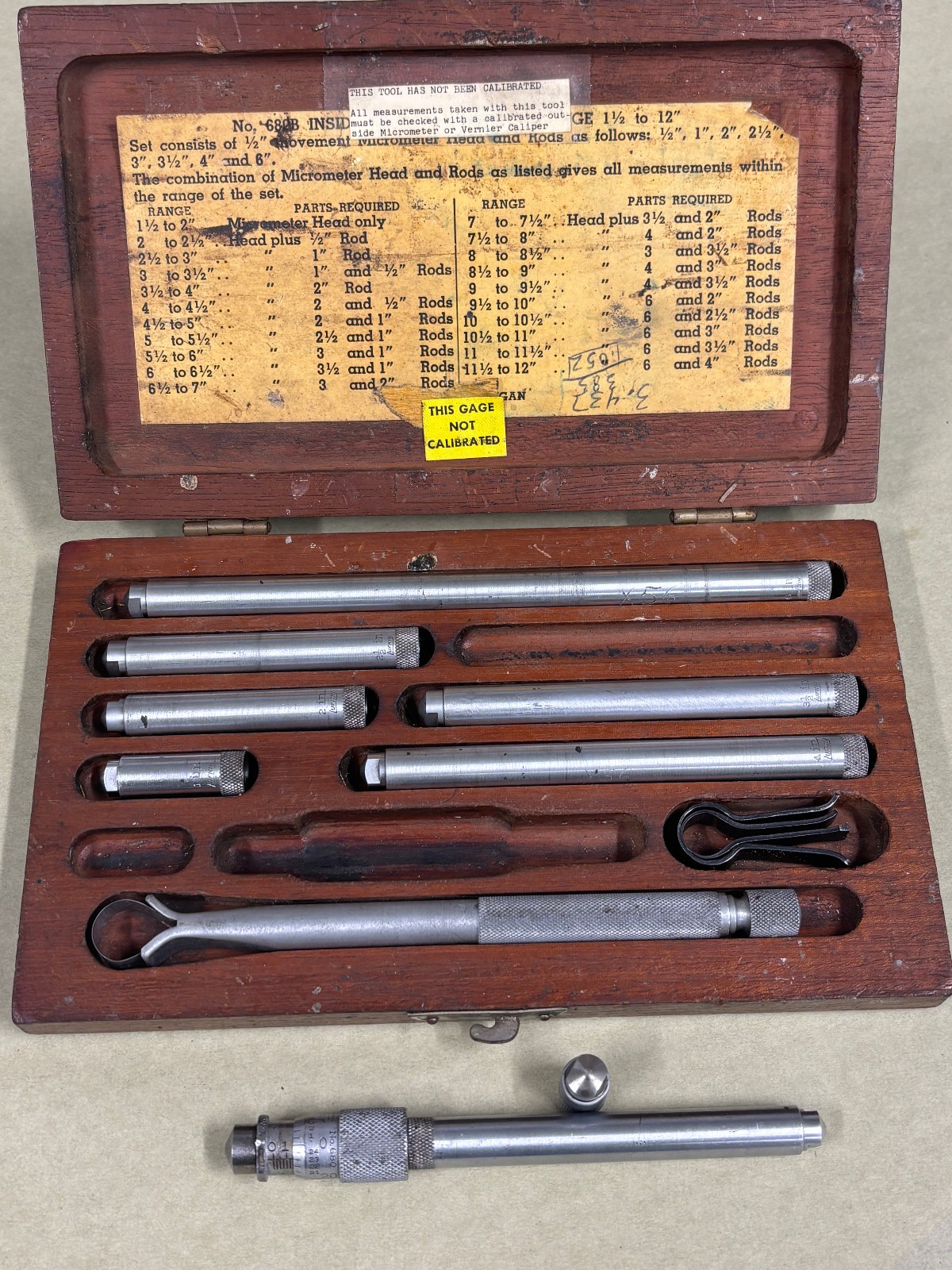Lufkin No. 680B Inside Micrometer Set 1-1/2 to 12 in .001 USA COMPLETE w/ Case