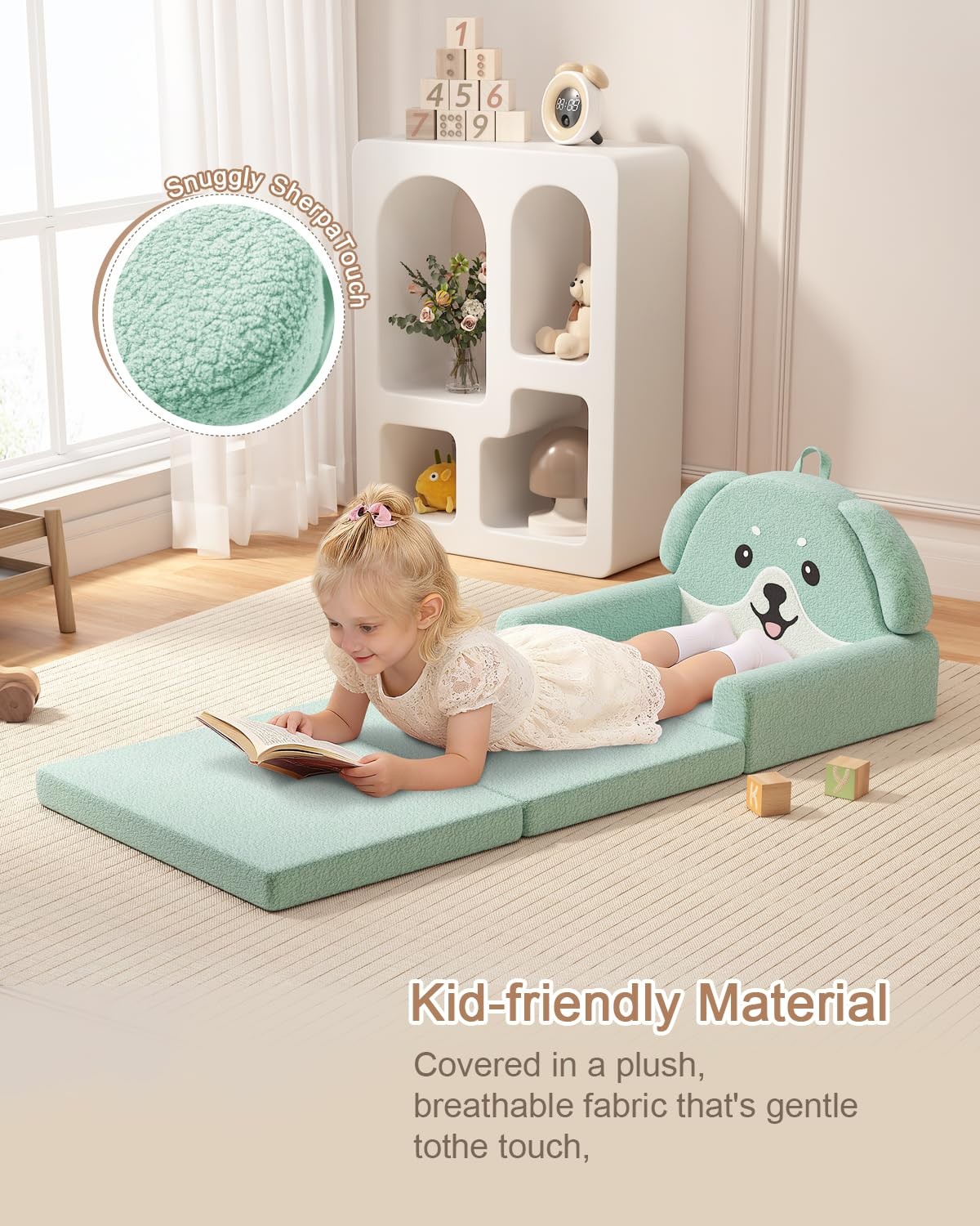 2-in-1 Kids Couch, Soft Toddler Couch Fold Out for Girl and Boys, Dog Design ...