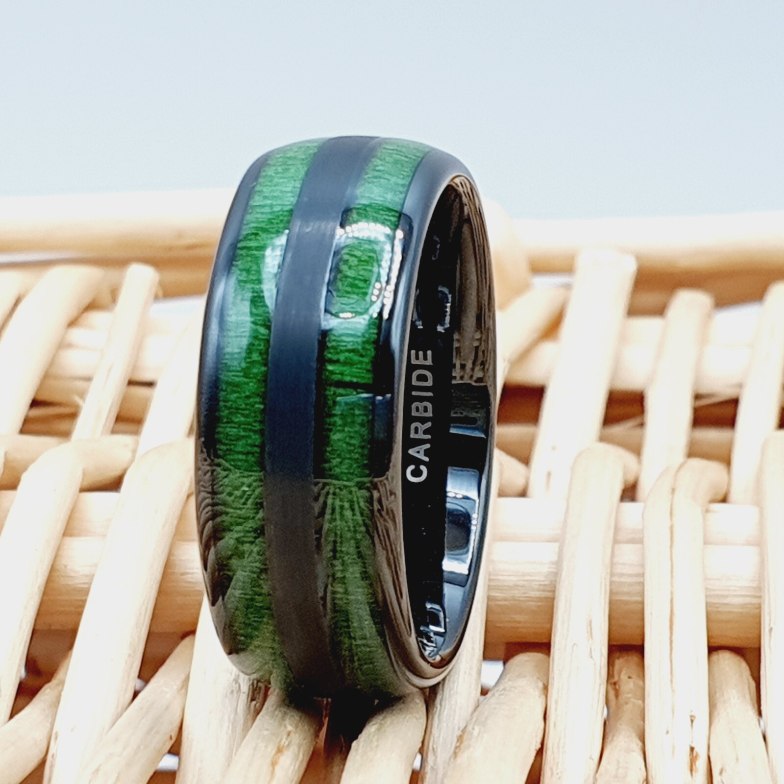 Men Black Tungsten Wedding Band 8mm Jade Wood Inlay Comfort-Fit Engagement Ring