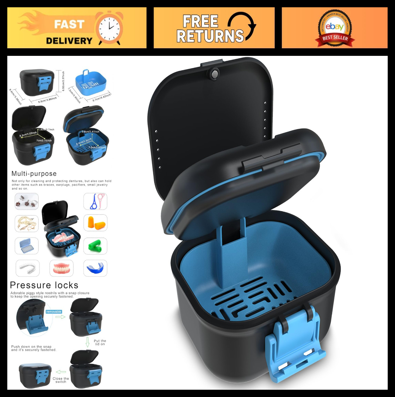 Leak Proof Denture Bath Cup with Strainer | Portable Soaking Box for Retainers,