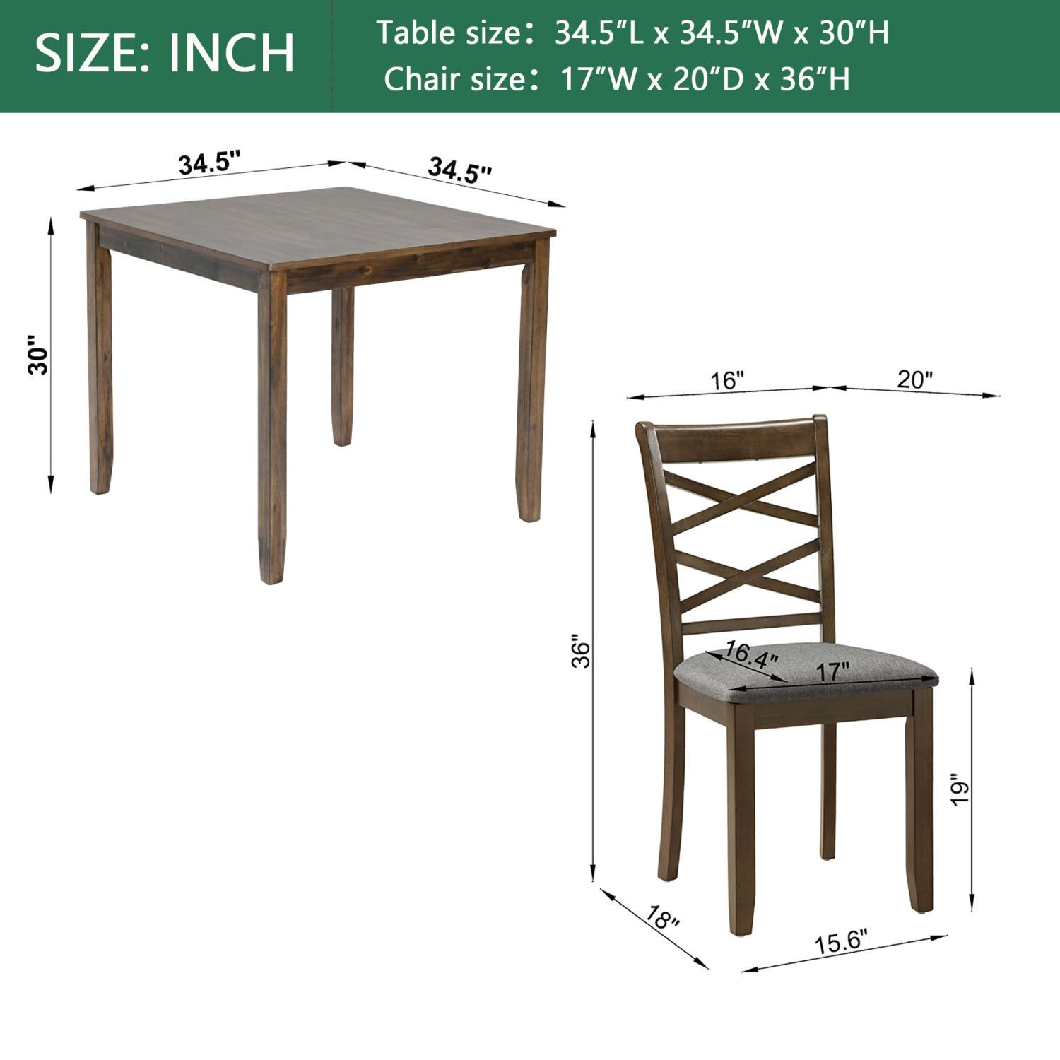 Modern 5 Piece Dining Table Set Wooden Square Dining Table & 4 Chair Walnut
