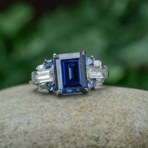 Lab-Created Emerald Cut 3.60 Ct Blue Sapphire Wedding Ring 925 Sterling Silver