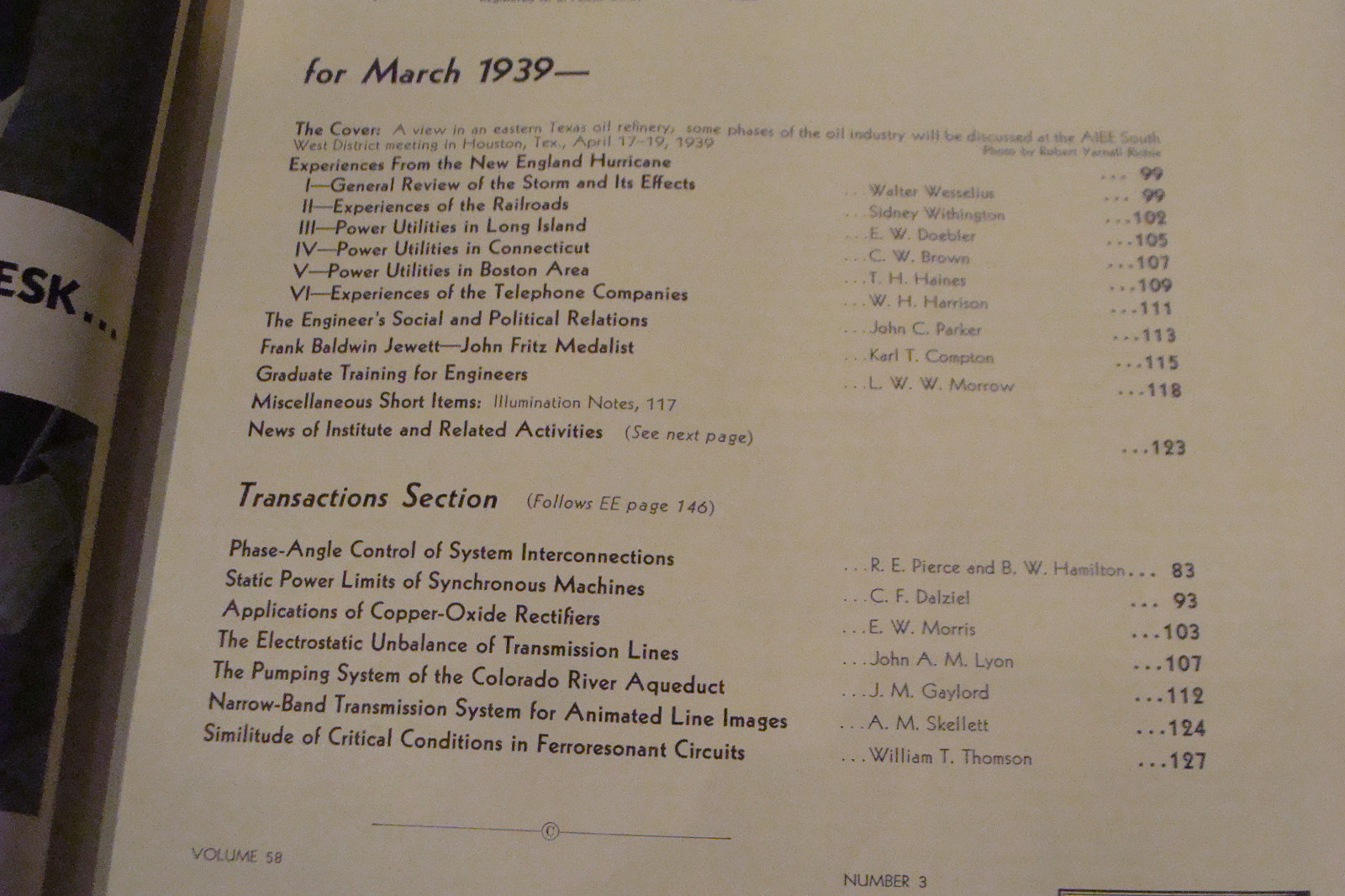 ELECTRICAL ENGINEERING march 1939 - New England hurricane power stuff, etc