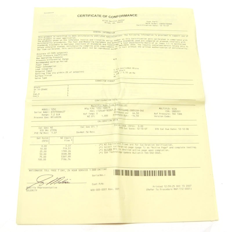 NEW Celerity/Unit IFC-125C Mass Flow Controller MFC (N2/7.2 SLM) Digital+Cert.