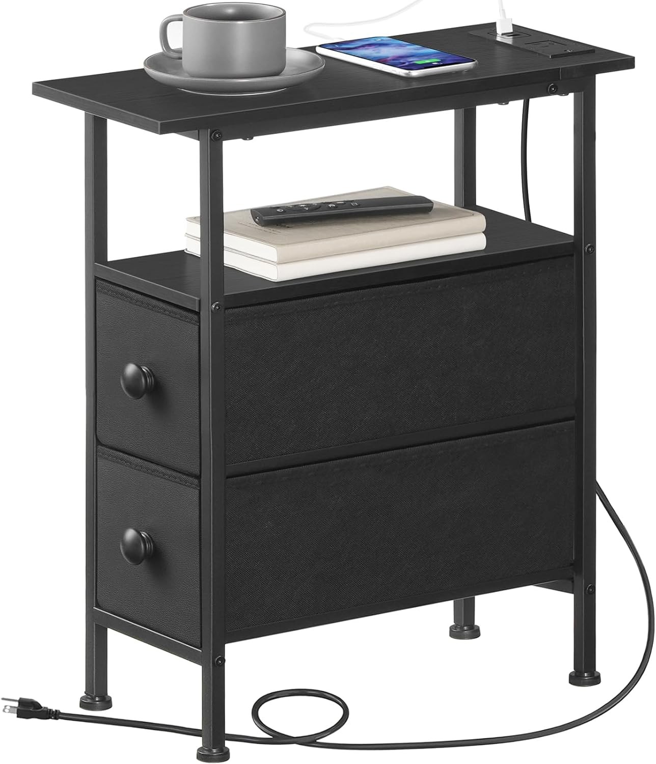 End Table with Charging Station Side Table with 2 Fabric Drawers Nightstand