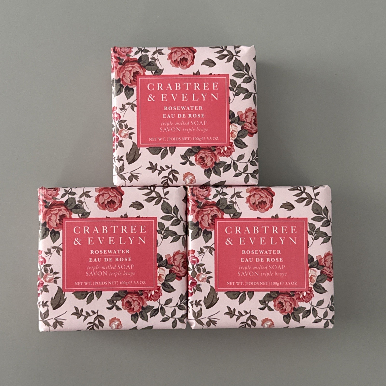 Crabtree & Evelyn ROSEWATER Triple Milled Soap Bar Set of 3 - 3x 3.5oz