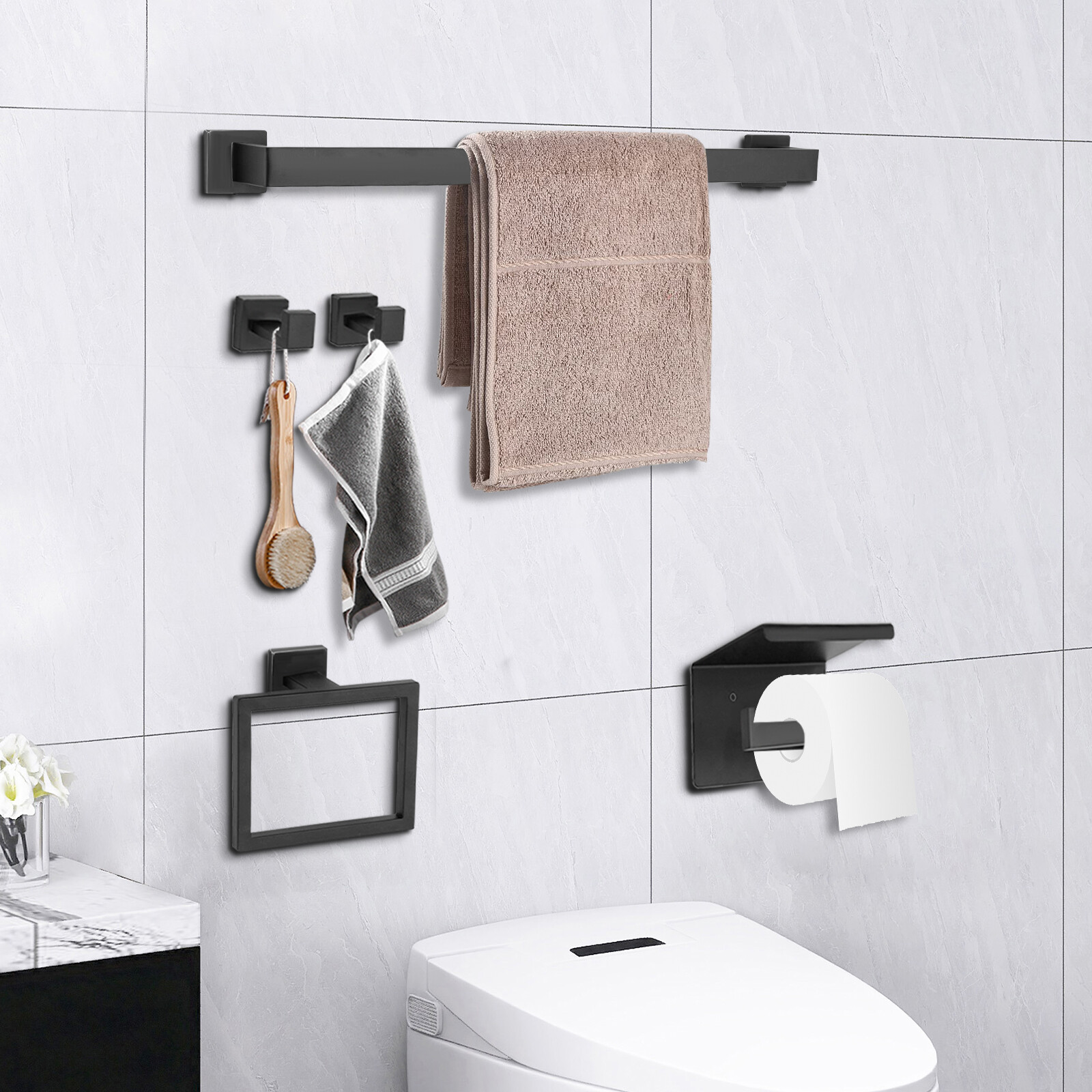 5pcs Bathroom Hardware Accessories Set Towel Bar Set Stainless Steel Black New